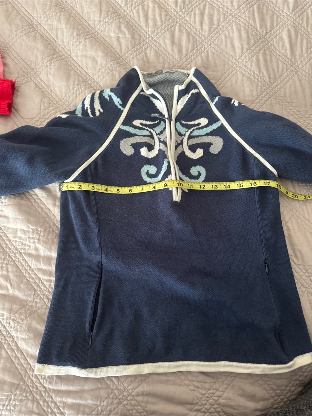 Athleta Navy Cowl Sweater with Ivory Trim and Light Blue Pattern